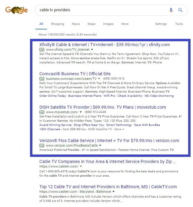 List of Cable TV advertisers on Google