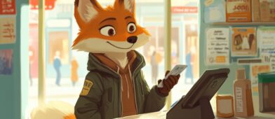 Cartoon fox shopping at the grocery store