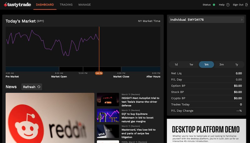 screenshot of tastytrade trading dashboard