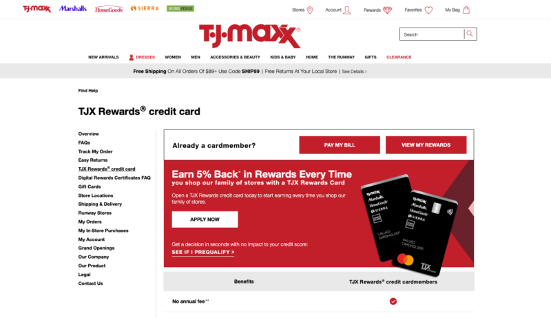 TJX Rewards credit card homepage